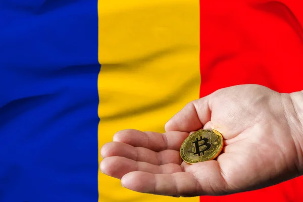Golden Bitcoin Coin Man Hand Chad Flag Background — Stock fotografie