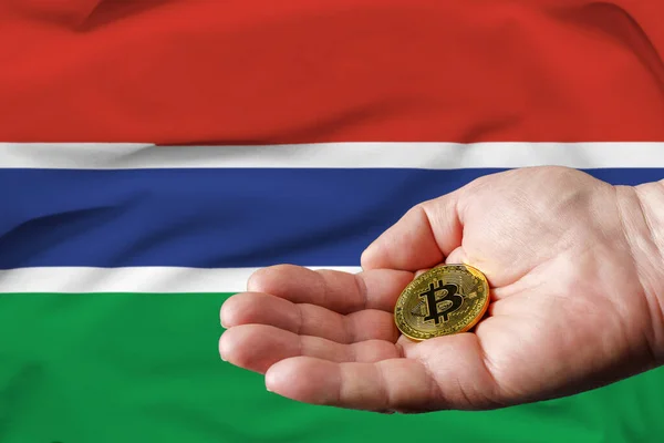 Golden Bitcoin Coin Man Hand Gambia Flag Background — 图库照片