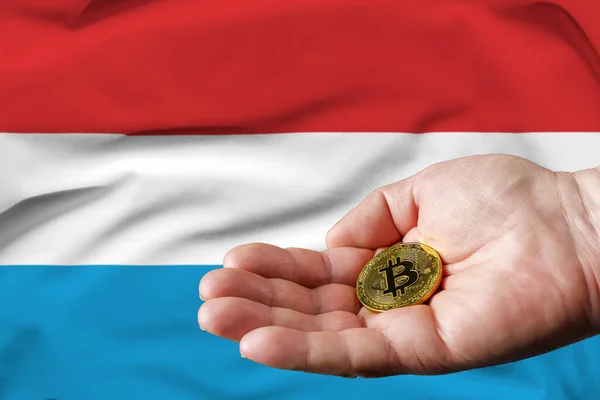 Bitcoin Oro Mano Del Hombre Bandera Luxemburgo Fondo —  Fotos de Stock