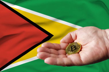 Altın Bitcoin bir adamın elinde, Guyana bayrağı arka planda.