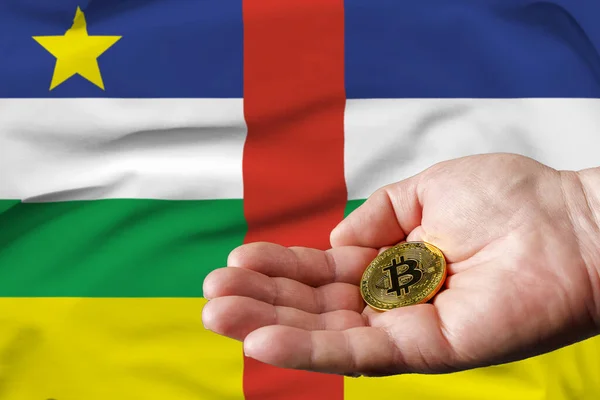 Golden Bitcoin Coin Man Hand Central African Republic Flag Background — 图库照片