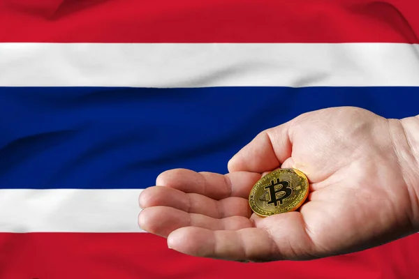 Golden Bitcoin Coin Mans Hand Thailand Flag Background —  Fotos de Stock
