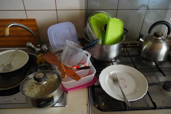 Dirty Dishes Kitchen Stove Unwashed Spoons Forks Pots — стоковое фото