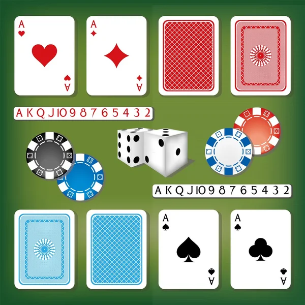 Hazardní sada s karty, kostky, čísel a kasino čipy — Stockový vektor