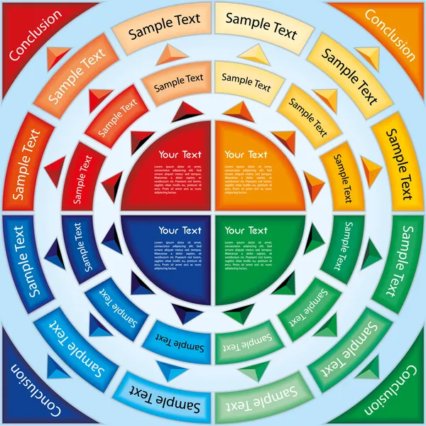 İş şablonu farklı renkli metin kutuları ve bir daire şeklinde düzenlenmiş yayla