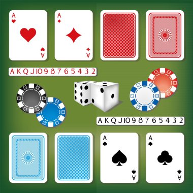 set kartları, dices, numaraları ve casino fişleri ile kumar
