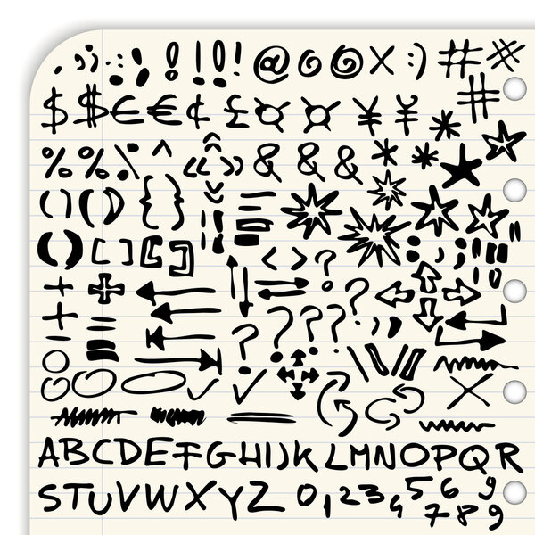 Ручной рисунок символов, знаки пунктуации, стрелки и полный набор шрифтов изолированы на белом фоне
