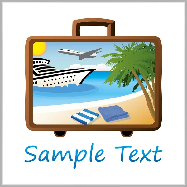Playa de verano con toallas, palmeras, un barco y un avión todo dentro de una maleta — Vector de stock