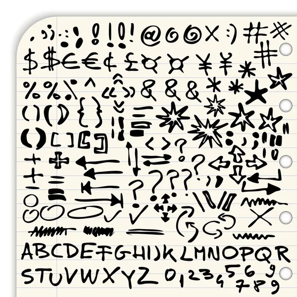 Ручні намальовані символи, знаки пунктуації, стрілки та повний набір шрифтів ізольовані на білому тлі Векторна Графіка