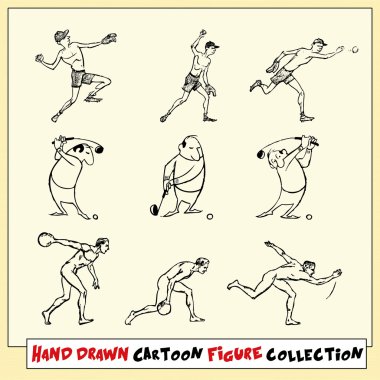 Hand drawn cartoon figure collection in black on light yellow background