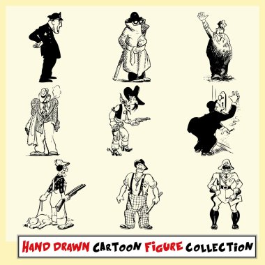 Hand drawn cartoon figure collection in black on light yellow background