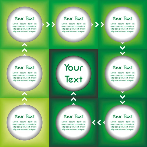 Presentazione aziendale con sfumature di verde e con campi collegati da frecce per il testo personalizzato — Vettoriale Stock