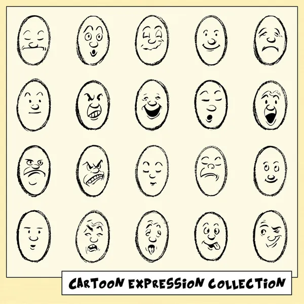 Yirmi komik elle çizilmiş karikatür yüz ifadeleri topluluğu — Stok Vektör