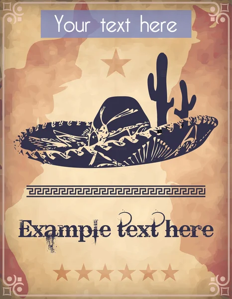 Affiche de style occidental avec sombrero, cactus et texte — Image vectorielle