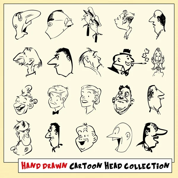 Collection de vingt têtes de dessin animé dessinées à la main en noir, isolées sur fond jaune clair — Image vectorielle
