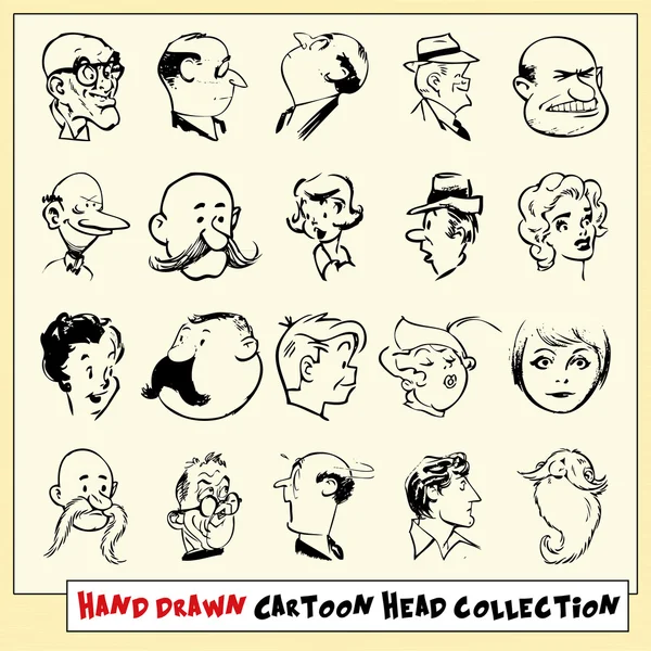 Colección de veinte cabezas de dibujos animados dibujados a mano en negro, aislados sobre fondo amarillo claro — Archivo Imágenes Vectoriales