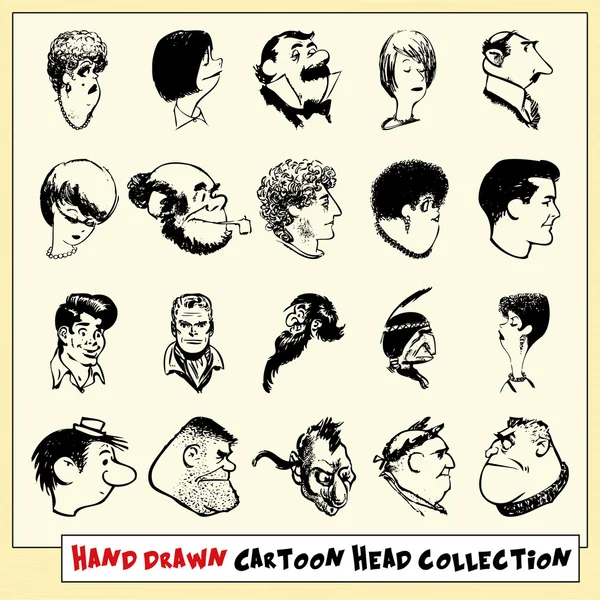 Coleção de vinte cabeças de desenhos animados desenhados à mão em preto, isolado em fundo amarelo claro —  Vetores de Stock