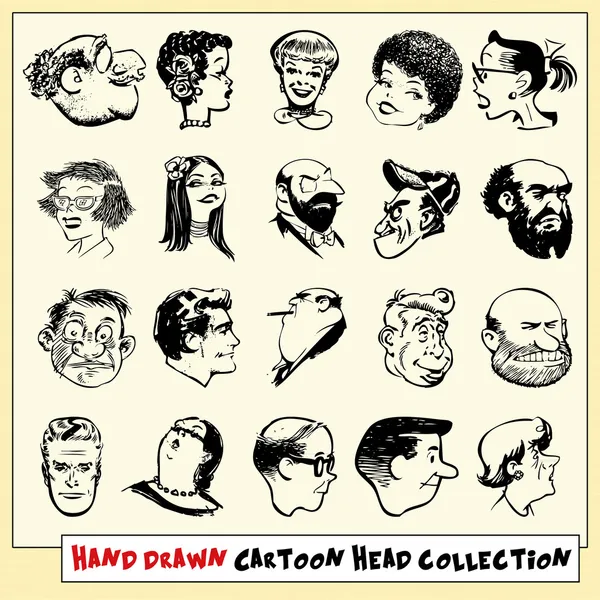 koleksiyon yirmi elle çizilmiş karikatür başları siyah, açık sarı renkli izole