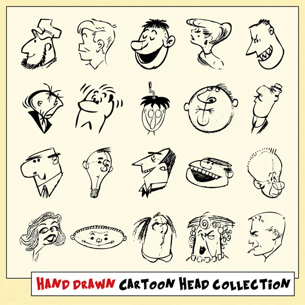 koleksiyon yirmi elle çizilmiş karikatür başları siyah, açık sarı renkli izole