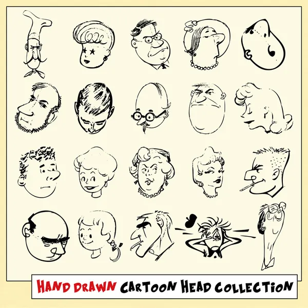 koleksiyon yirmi elle çizilmiş karikatür başları siyah, açık sarı renkli izole