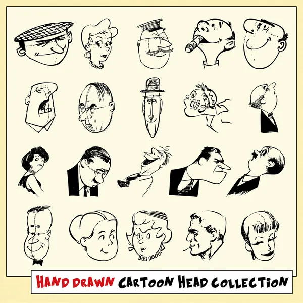 Collection de vingt têtes de dessin animé dessinées à la main en noir, isolées sur fond jaune clair — Image vectorielle