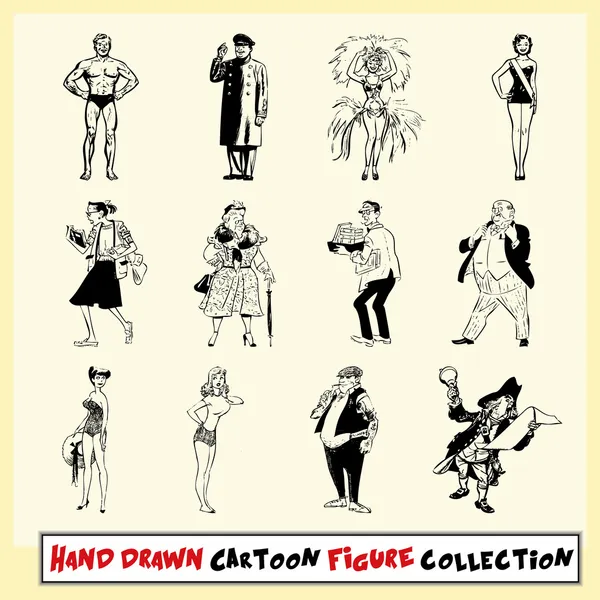 Hand drawn cartoon figure collection in black on light yellow background