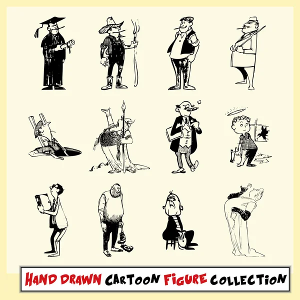 Hand drawn cartoon figure collection in black on light yellow background — Stok Vektör