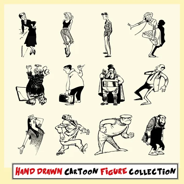 Hand drawn cartoon figure collection in black on light yellow background