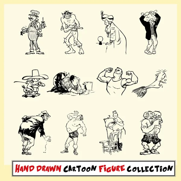 Hand drawn cartoon figure collection in black on light yellow background — Stock Vector