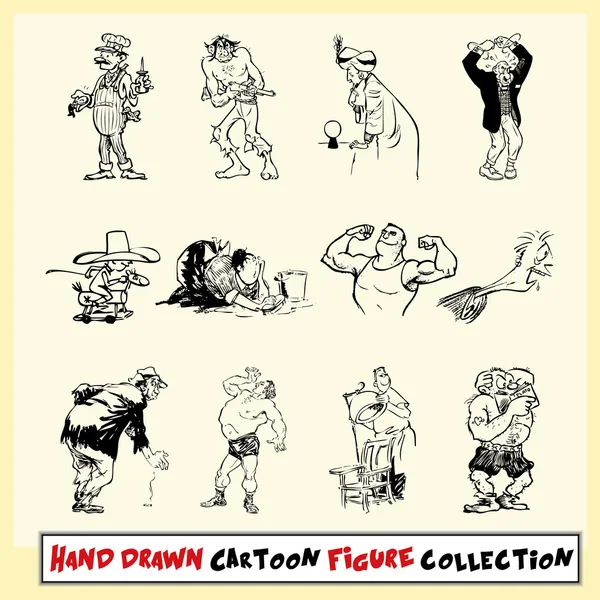 Hand drawn cartoon figure collection in black on light yellow background