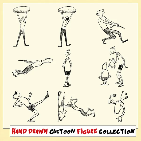 Hand drawn cartoon figure collection in black on light yellow background Vector Graphics
