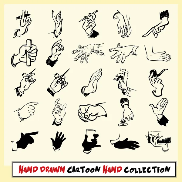Hand drawn cartoon hand collection in black on light yellow background