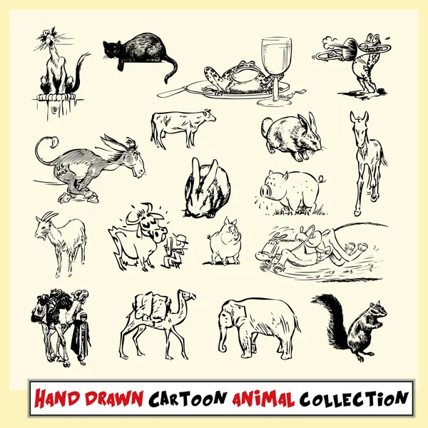 Desenhado à mão coleção de animais de desenhos animados em preto no fundo amarelo claro — Vetor de Stock