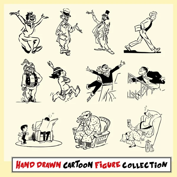 Hand drawn cartoon figure collection in black on light yellow background