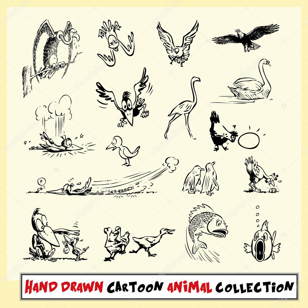Hand drawn cartoon animal collection in black on light yellow background