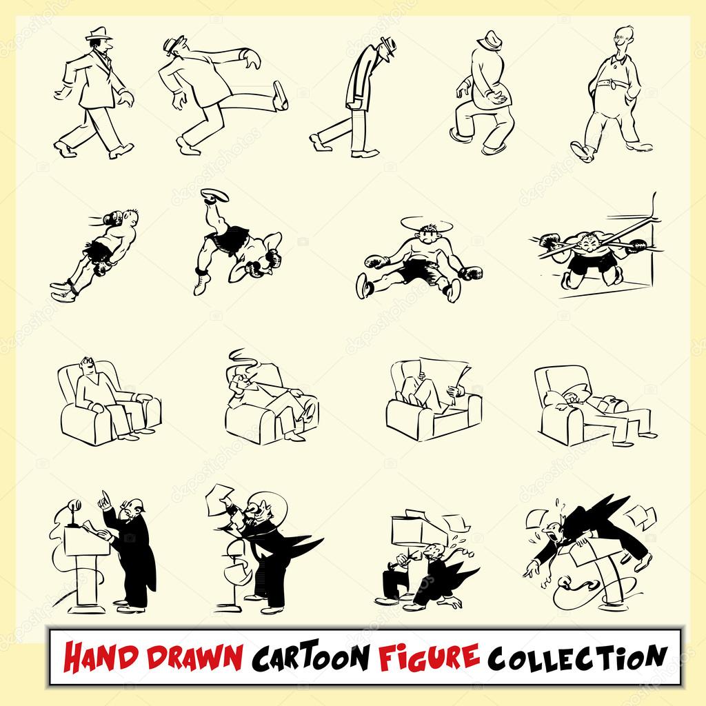 Hand drawn cartoon figure collection in black on light yellow background