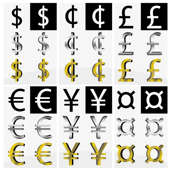 Collection of different currency symbols in black and white, silver and gold color — Stock Vector