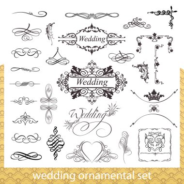 Wedding ornamental set with hearts, corner and border elements isolated on white background