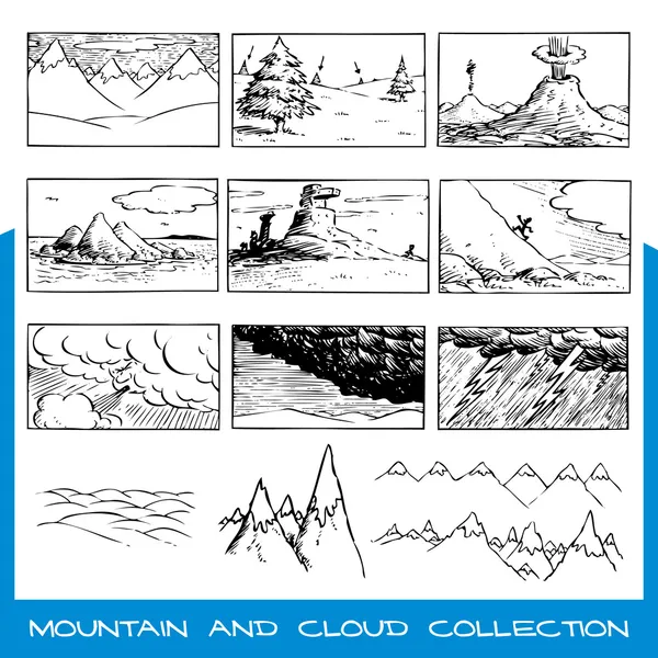 Escenas y elementos únicos dibujados a mano con nubes y montañas — Archivo Imágenes Vectoriales