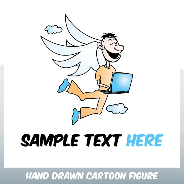Desenhado à mão figura dos desenhos animados de um homem que trabalha com facilidade em um laptop — Vetor de Stock