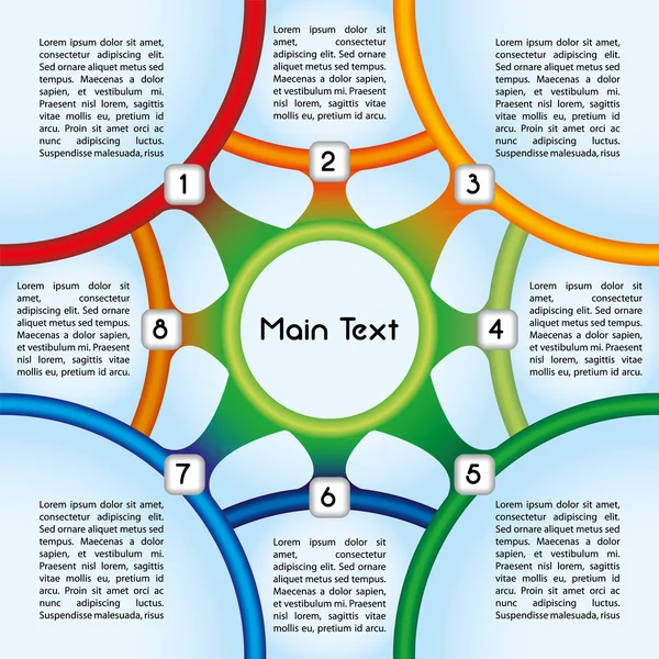 Colorful presentation template with eight main text boxes and an oval central element — Stock Vector