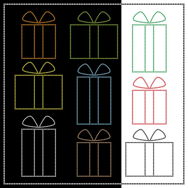 Collection of different vector gift boxes created from colorful dots, isolated on black and white background — Stock Vector