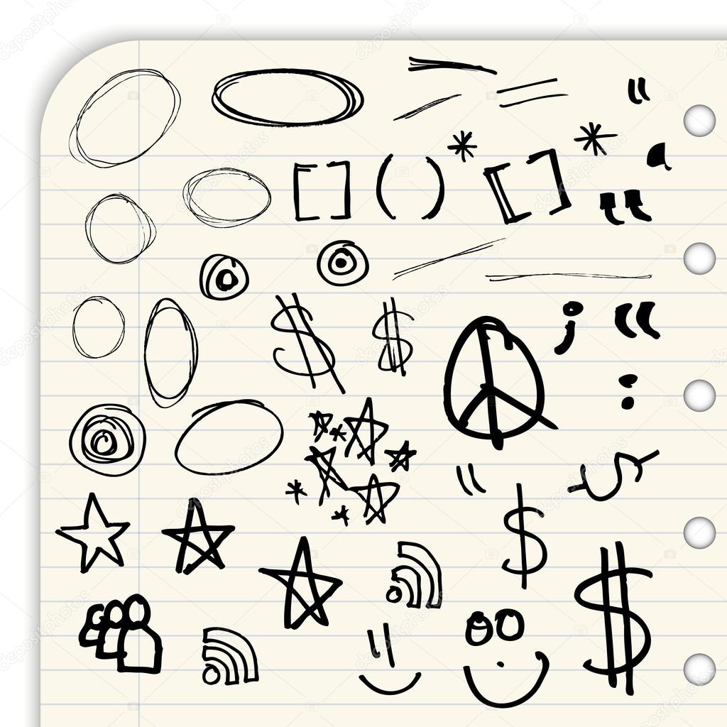 Hand draw marks and symbols isolated on a lined notebook page