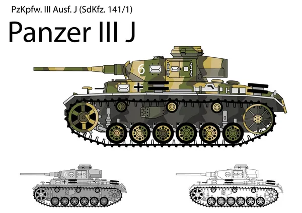 German WW2 Panzer III J tank with long 50 mm L60 gun — Stock Vector