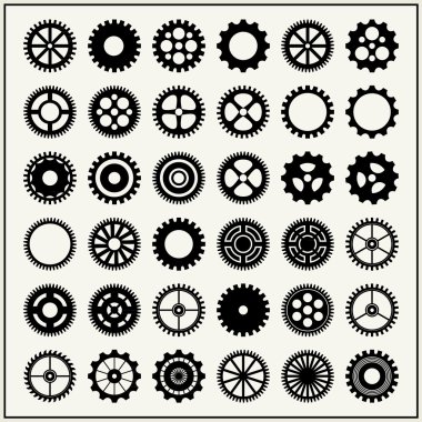 Collection of 36 gear wheels isolated on light background clipart