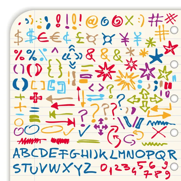 renkli çizilmiş işaretler, semboller, sayılar ve açık renkli izole özel yazı tipleri topluluğu
