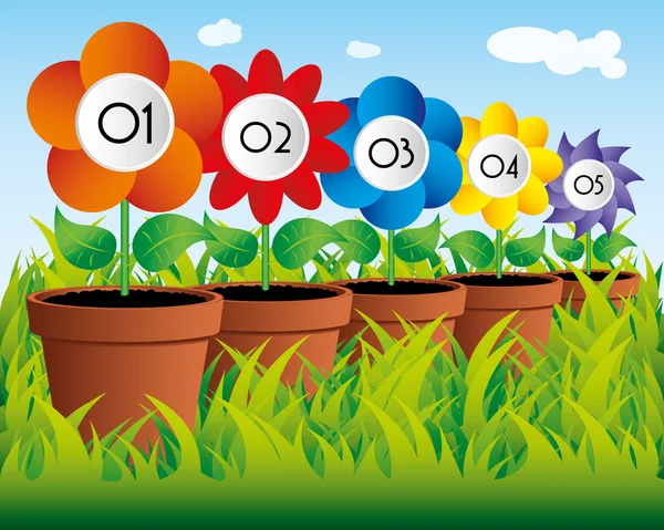 Flores en macetas sobre hierba con números en orden descendente — Vector de stock