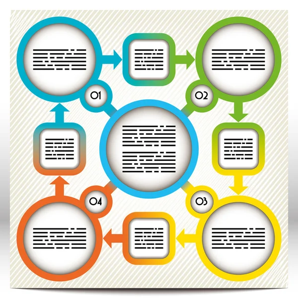 Colorful presentation template with five large circles and four rounded boxes linked together — Stock Vector
