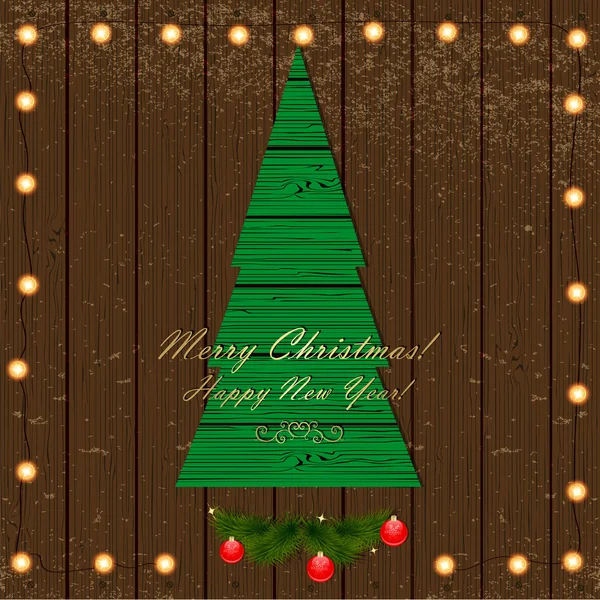 Zelený vánoční strom na dřevěné pozadí s věnec li — Stockový vektor