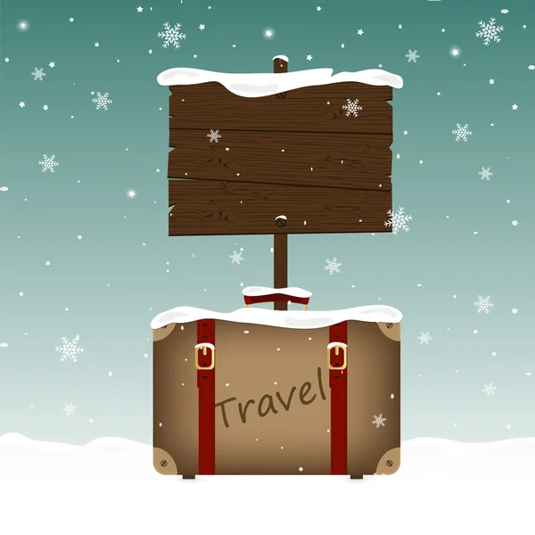 Mala de viagem e uma placa de madeira na neve —  Vetores de Stock